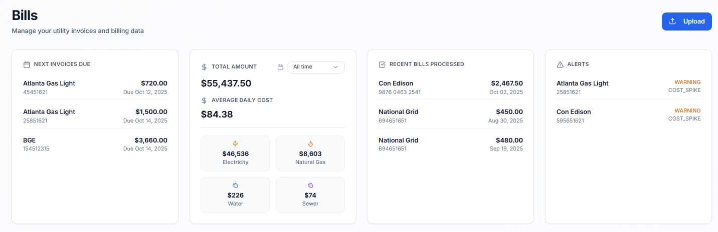 MeterID Dashboard — bills processed with extracted data visible